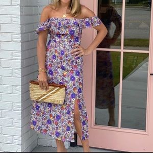 WAYF ruffle floral print linen midi dress